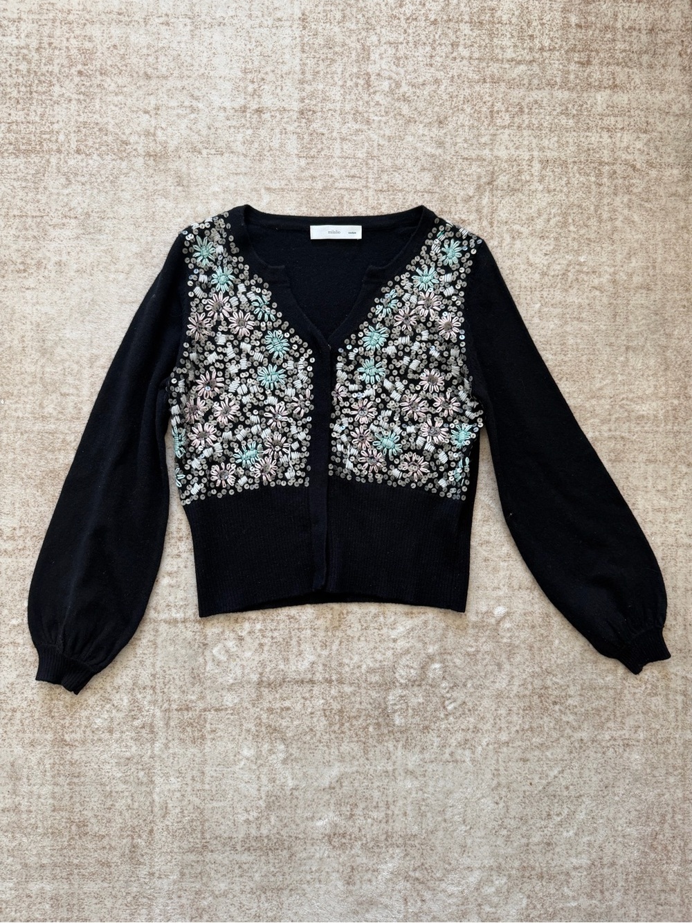 Milalio Couture Black Cashmere Blend Cardigan Sequin Floral Embroidery Sz S/M
